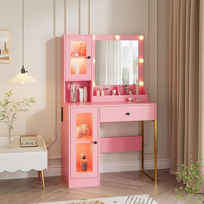 IDEALHOUSE Makeup Vanity Desk with Mirror and Lights, Vanity Table with Charging Station, 2 Open Compartments, 2 Acrylic-Door Cabinets, and RGB Lights Wood Dressing Table for Bedroom