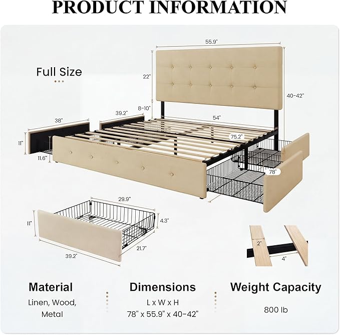 SHA CERLIN Upholstered Full Size Platform Bed Frame with 4 Storage Drawers, Adjustable Headboard with Square Stitched Button Tufted Design, Wooden Slat Support, No Box Spring Needed, Beige