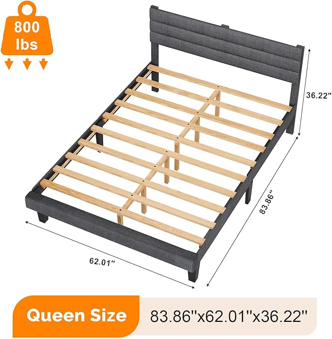VINGLI Platform Bed Frame Queen Size with Linen Fabric Headboard,Modern Panel Low Profile Bed with Upholstered & Sturdy Slats Support for Bedroom, Mattress Foundation, Dark Gray