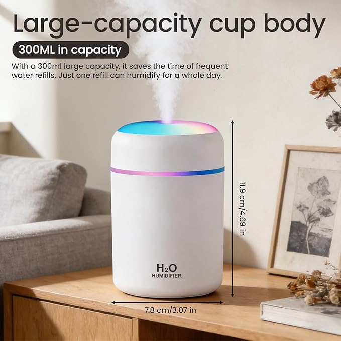 Portable Colorful Cool Mini Humidifier, USB Personal Desktop Humidifier,. Perfect for Bedroom, Office & Car(300ml, White)