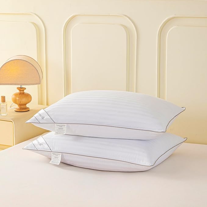 Goose Feather Down Pillow, 100% Cotton Cover Bed Pillow Stripe White Standard (Pack of 2)