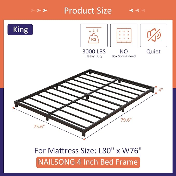 Nailsong 4 Inch Bed Frame King Size Low Profile, King Bed Frame No Box Spring Needed, Heavy Duty Metal, Easy Assembly, Black