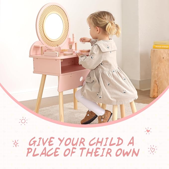 OOOK Kids Vanity Table and Chair Set, Pink Girls Vanity Set with 11 Pcs Accessories, Enough for Real and Pretend Makeup, Toddler Vanity for 3-5 Year Old and Up as Ideal Gift