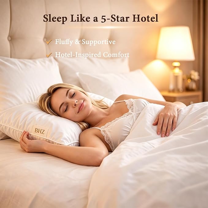 BHZ Goose Down Feather Standard/Queen Pillow, Luxury Hotel Collection Bed Pillow for Sleeping, Firm Soft Support for Side & Back Sleepers for Apartment College Dorm Room Essentials, White