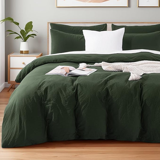 NEXHOME PRO Twin Duvet Cover Set – 100% Certified Organic Cotton with Washed Feel & Linen-Like Texture, Comfortable & Breathable, Home Bedding Set Olive Green (No Comforter)