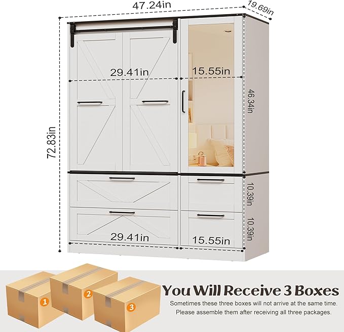 PAKASEPT Armoire Wardrobe Closet with w/Folding Sliding Barn Door, Bedroom Armoires with Mirror and Sensor Lights, Hanging Rod, Wardrobe Closet for Bedroom (19.69" D x 47.24" W x 72.83" H)