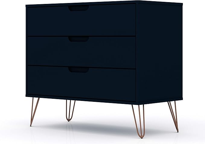 Manhattan Comfort Rockefeller 3-Drawer Dresser Set of 2, Entryway Wood Storage Cabinet, 32 Inch TV Stand Console Table, Anti Tip Kit Included for Bedroom, Nursery, Dorm, Living Room in Midnight Blue