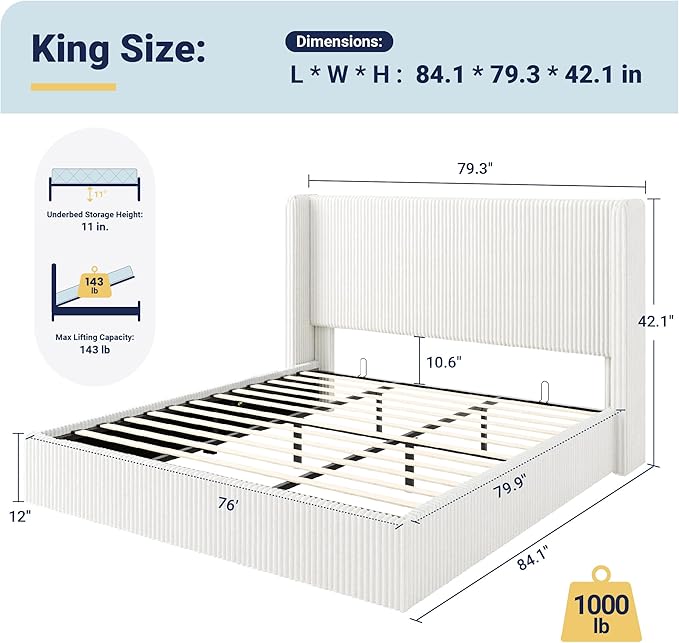 Allewie King Lift-Up Storage Bed Frame with Modern Wingback Headboard, Corduroy Upholstered Platform Bed, Hydraulic Gas Lift Support, Underbed Storage, Wooden Slats, No Box Spring Needed, White