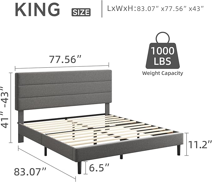 King Platform Bed Frame with Adjustable Linen Fabric Upholstered Headboard, Strong Slats Support, Noise-Free, No Box Spring Required, Easy Assembly for Bedroom Guest Room, Grey