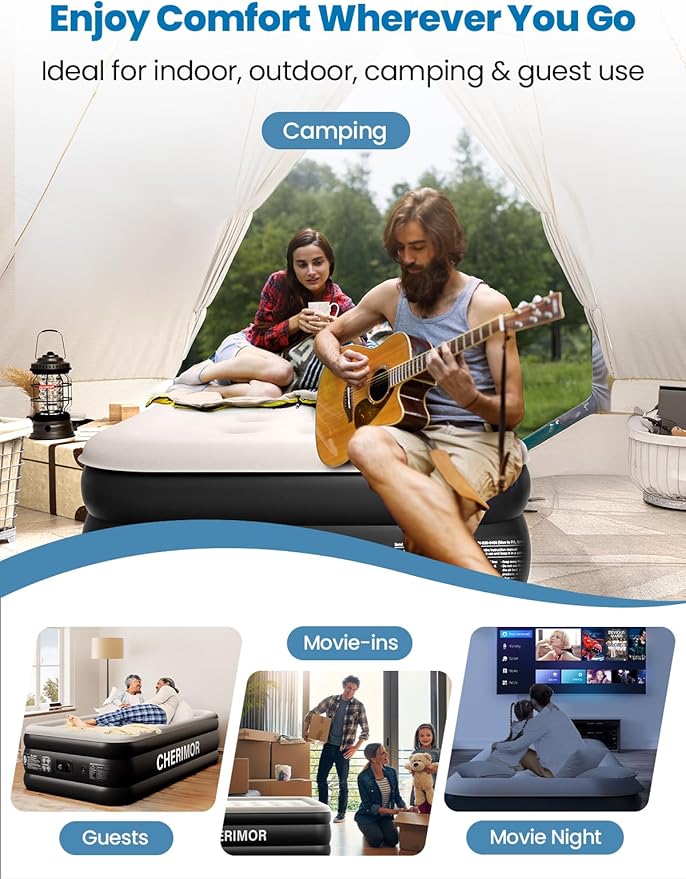 CHERIMOR Full Size Air Mattress with Built-in Pump, 18" Raised Comfort, 48Hr Leak-Proof Test, Upgraded Honeycomb Pillar Design, Supports 600 lbs, 2.5-Min Inflation for Home Guest Room Camping