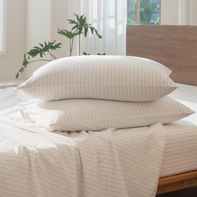 MooMee Striped Duvet Cover Set 100% Washed Cotton Linen Like Textured Breathable Durable Soft Comfy (White Almond Milk Grey Wide Stripes, Alaska King 132"x120")