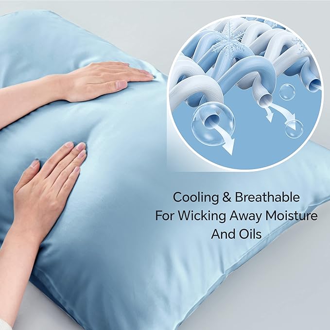 BEDELITE Standard Pillow Cases Set of 2, Rayon Derived from Bamboo, Cooling Pillow Cases for Hot Sleepers & Night Sweats, Breathable Silky Soft Envelope Pillowcases(Blue, 20"x26")