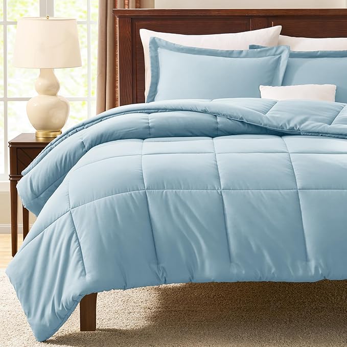 CozyLux Queen Comforter Set - 270GSM Light Blue Bedding Sets for All Seasons, 3 Pieces Box Stitched Bed Set with 1 Down Alternative Comforter and 2 Pillow Shams, Soft, Lightweight, Breathable