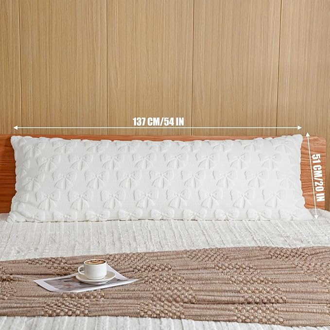 SmoothNovelty Cream White Bow Body Pillow Cover 20 x 54 Inches Coquette Long Body Pillowcase with Zipper Closure Coquette Room Decor Cute Faux Fur Soft Aesthetic Pillow Covers for Bed Sofa Couch