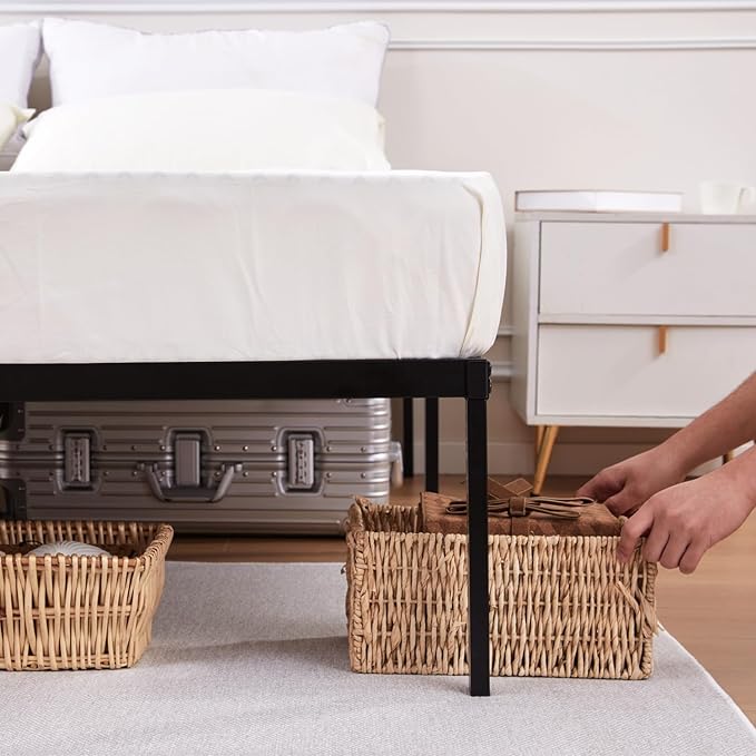 Heavy Duty Metal Bed Frame Full Size 54" W 75 "L 14 "H inch with Storage Mattress Foundation Steel Slats Platform Easy Assembly Black