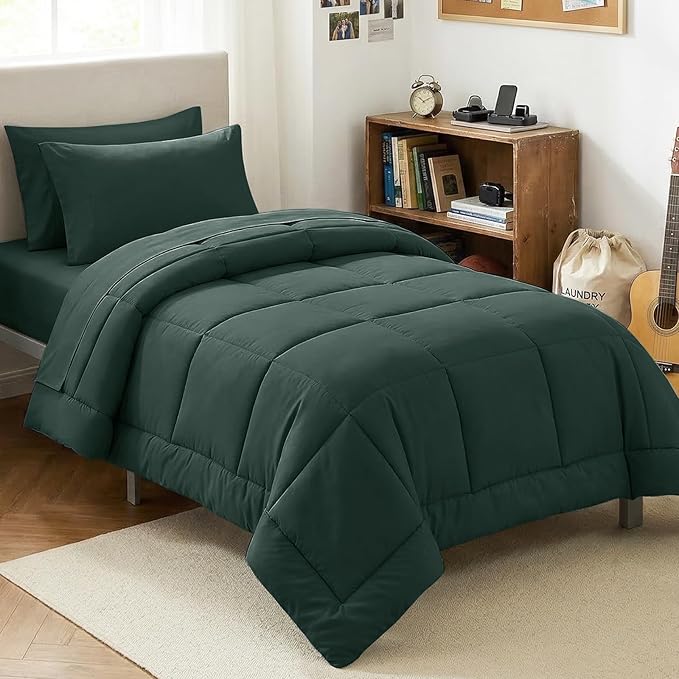 CozyLux Twin XL Comforter Set Forest Green, 5 Pieces Twin Extra Long Bed in a Bag for College Dorm, All Season Bedding Set with Stitch Quilted Comforter, Flat Sheet, Fitted Sheet, Pillowcases