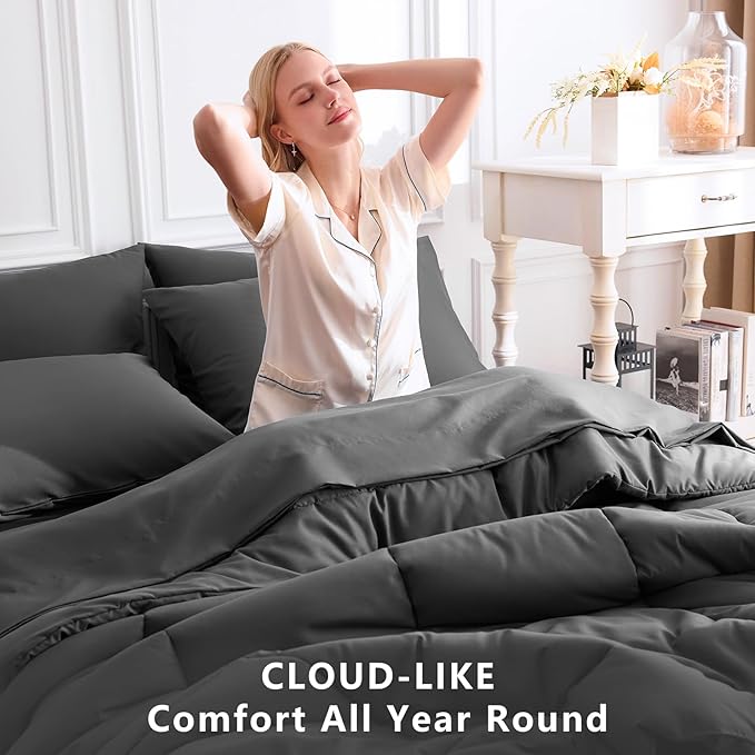 CozyLux King Size Comforter Set Dark Grey, 7 Pieces Bed in a Bag, Dark Grey Comforter King Size, All Season Bedding Sets with Stitch Quilted Comforter, Flat Sheet, Fitted Sheet, Pillowcases