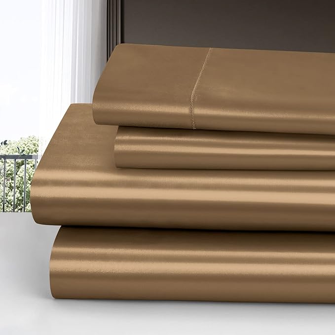 Homiest 4pcs Satin Sheets Set Luxury Silky Satin Bedding Set with Deep Pocket, 1 Fitted Sheet + 1 Flat Sheet + 2 Pillowcases (Queen Size, Camel Brown)