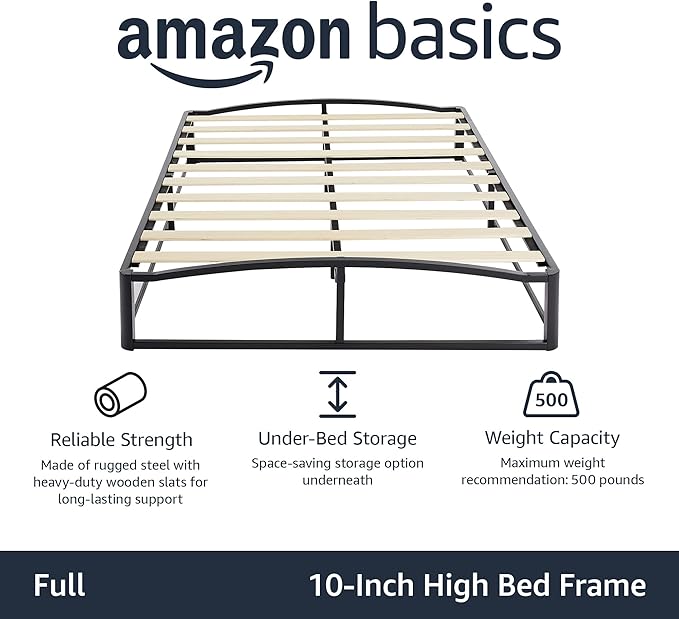 Amazon Basics Metal Platform Bed Frame with Wooden Slats, Sturdy Mattress Support, 10 Inches High, Under-Bed Storage, Full, Black