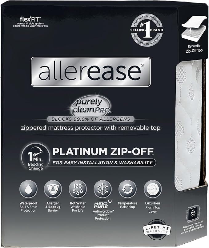 AllerEase Platinum Zip-Off Top Waterproof Mattress Protector Queen 360 Degree Zipper Particle Barrier Temperature Balancing Luxurious Plush Top Separately Machine Washable Mattress Cover (White)