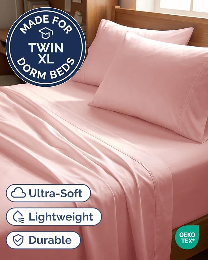 Twin XL 4 Piece Sheet Set - Comfy Breathable & Cooling - Hotel Luxury Bedding for Women, Men, Kids, Teens & Children - 1 Flat & 1 Fitted Sheet & 2 Pillowcases w/ Deep Pockets, Wrinkle Free - Baby Pink