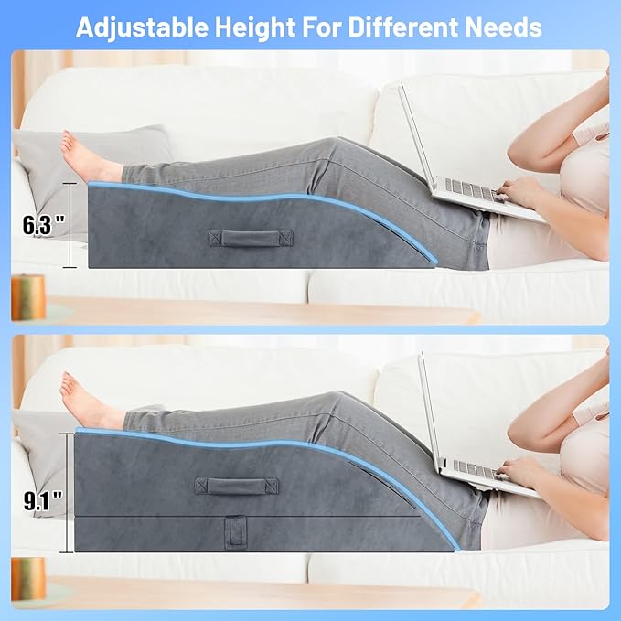TranquilRelax Double Leg Elevation Pillows, Wedge Pillow for After Surgery, Memory Foam Support Adjustable, Comfort Care for Back Knee Hip Ankles Pain, Knee Pillow for Sleeping Blood Circulation Grey