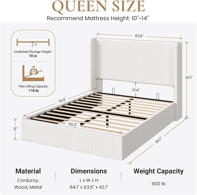 SHA CERLIN Queen Size Lift Up Storage Bed Frame, Modern Upholstered Wingback Headboard, Hydraulic Support & Underneath Storage, Soft Corduroy Fabric Platform Bed, No Box Spring Needed, White