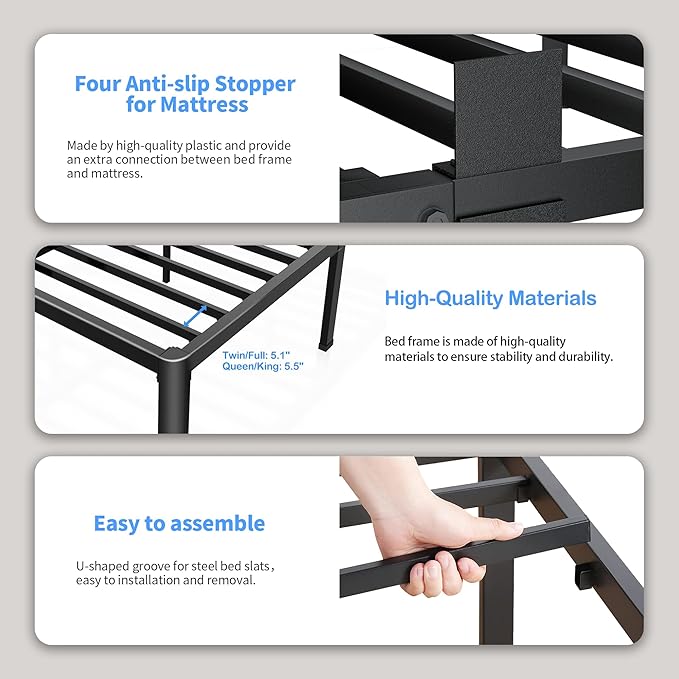 ROIL 20 Inch Queen Bed Frame with Rounded Corner and Headboard Hole Mattress Retainers 3500LBS Metal Heavy Duty Steel Slats No Box Spring Needed Platform Noise-Free Easy Assembly