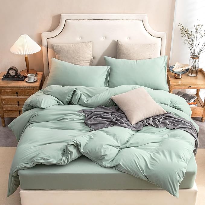 PURE ERA Jersey Knit Duvet Cover Set 100% T-Shirt Cotton Super Soft Comfy 3pc Bedding Set with Zipper Closure (Solid Sage Green, Queen)