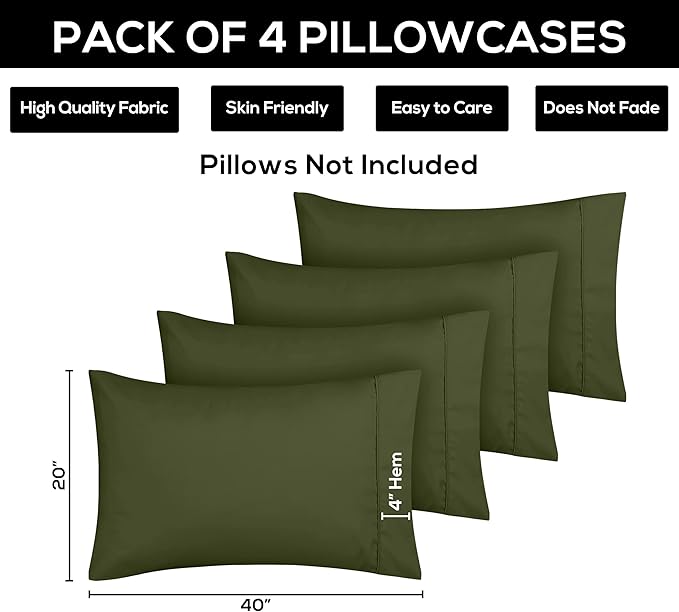 Utopia Bedding Queen Pillow Cases - 4 Pack - Envelope Closure - Soft Brushed Microfiber Fabric - Shrinkage and Fade Resistant Pillow Covers Queen Size 20 X 30 Inches (Queen, Olive)