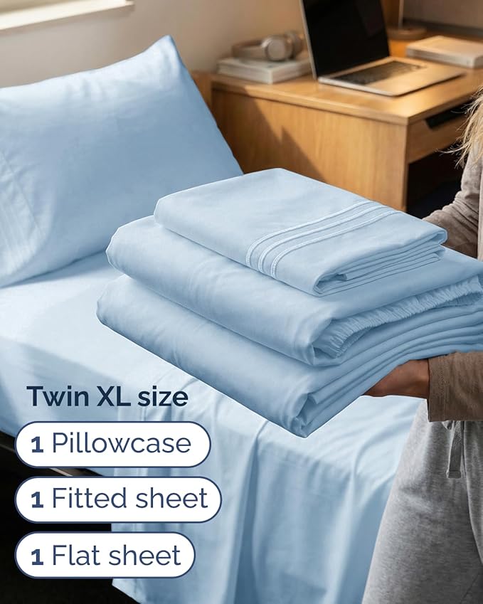Twin XL Size 3 Piece Sheet Set - Comfy Breathable & Cooling Sheets - Hotel Luxury Bed Sheets for Women & Men - Deep Pockets, Easy-Fit, Soft & Wrinkle Free Sheets - Light Blue Oeko-Tex Bed Sheet Set