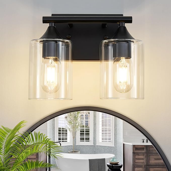 Vanity Lighting Fixtures,2-Light Bathroom Lights Over Mirror,Modern Sconces Wall Lighting with Clear Glass Shade,Light Fixture for Bathroom Bedroom Living Room Vanity Table Hallway