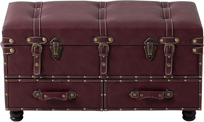 Vintage Mid-Century Storage Ottoman Bench - Upholstered Padded Chest for Entryway, Bedroom, Living Room - Dark Magenta