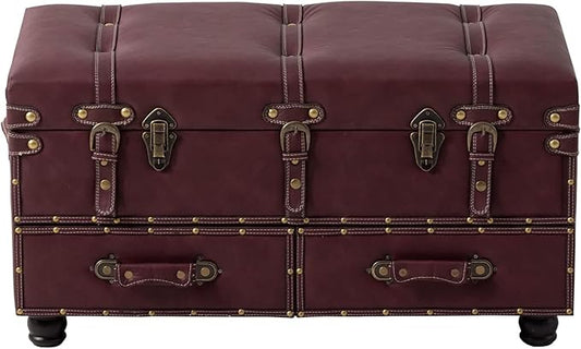 Vintage Mid-Century Storage Ottoman Bench - Upholstered Padded Chest for Entryway, Bedroom, Living Room - Dark Magenta