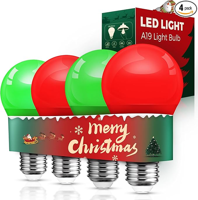 L LOHAS LED Red and Green Light Bulbs Outdoor 4 Pack, Red and Green Light Bulbs for Christmas Decoration, A19 9W, 720LM, E26 Base, Non-Dim
