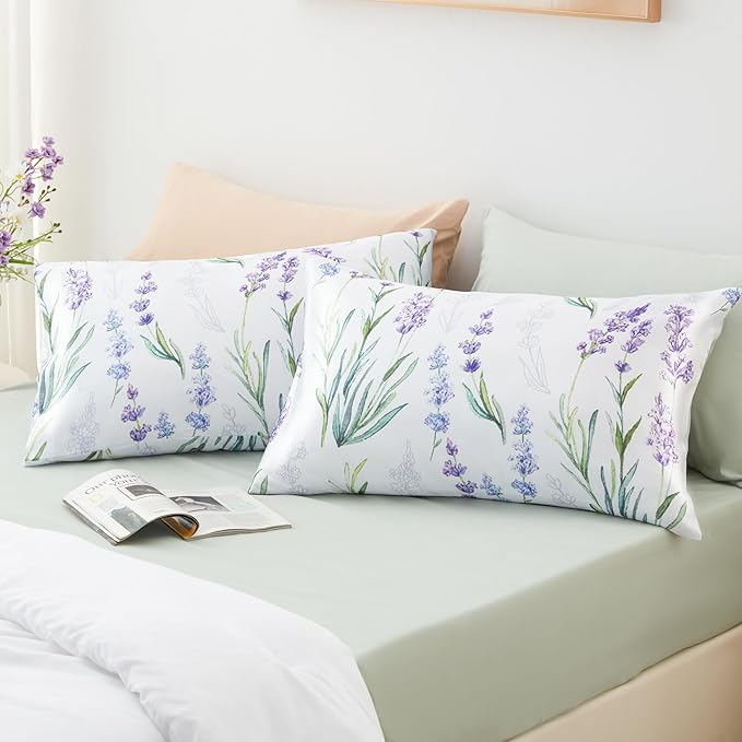 EXQ Home Satin Pillowcase for Hair and Skin Queen - Lavender Printed Silk Pillowcase 2 Pack 20x30 inches - Satin Pillow Cases Set of 2 with Envelope Closure, Gifts for Women