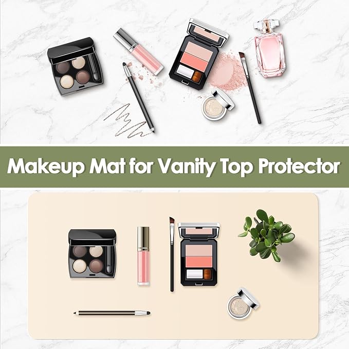 Makeup Mat for Vanity to Protect Desk Top 23.6 x 11.8 in, Dual-Sided Makeup Mat, Easy to Clean Desk Pad - Waterproof and Oilproof Vanity Accessories (Beige and Olive Green)