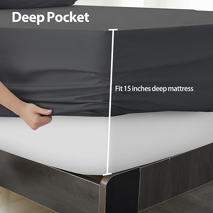 2-Pack Pure Cotton Fitted Sheet Full Size, 600 Thread Count 16" Deep Pocket Egyptian Cotton Fitted Sheet (2pcs, Full, Dark Grey)