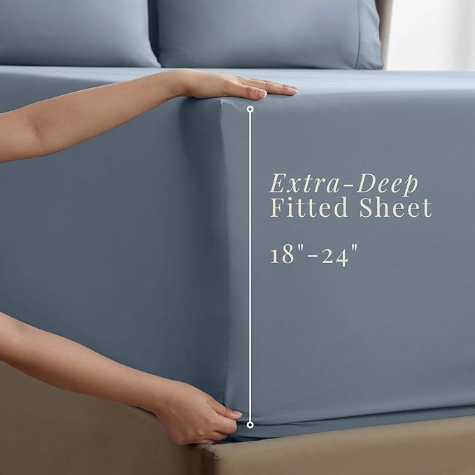 Hearth & Harbor Bed Sheets, Luxury Soft 6 Piece Bed Sheet Set Extra Deep Pocket Fitted Sheets Fits Mattress up to 21", Double Brushed Bedding Sheets & Pillowcases, King, Soft Blue