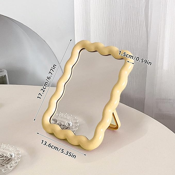 Wave Shaped Table Desk Vanity Makeup Mirror Portable Folding Cute Travel Make Up Mirror for Standing Hanging 6.7X5.3 Inch Home Decoration (Yellow)