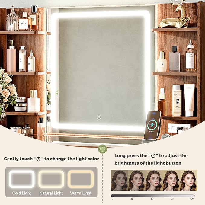 43" Makeup Vanity Desk with Mirror and Lights&Power Outl, 3 Adjustable Light Color,Glass Top Big Vanity Table with 9 Drawers & 6 Shelves,Girls Vanity for Bedroom, Tan