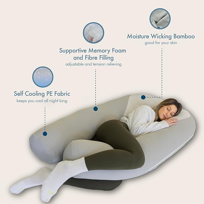 Plufl Hugl Cooling Body Pillow & Breeze Cooling Blanket Set | U-Shaped Memory Foam Pillow for Side Sleepers & Pregnancy | Lightweight Cooling Comforter for Hot Sleepers | Washable Covers | White