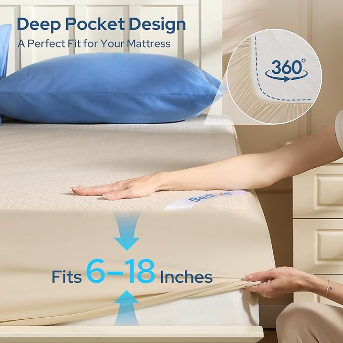 BEDLORE California King Size Mattress Protector, Waterproof Noiseless Mattress Cover with Stretchable Pockets for 6-15 inches Mattress, Soft Breathable Mattress Pad for College Dorm (Beige)