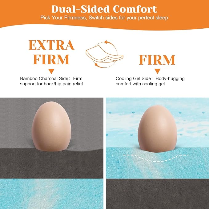 Extra Firm Mattress Topper Short King Size 3 Inch, Cooling Gel+Bamboo High Density Support Mattress Topper with Removable Cover, Bed Topper for Pain Relief CertiPUR-US, 71''x74''