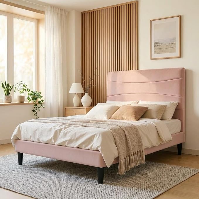 IDEALHOUSE Twin XL Upholstered Platform Bed Frame with Ergonomic Headboard, Beige Soft Fabric, Heavy Duty Wooden Slats, Noise-Free, 6.3" Underbed Storage, No Box Spring Needed, Easy Assembly