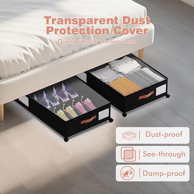 Under Bed Storage 2 Pack 66L, Rolling Containers with Wheels, Heavy Duty Metal Frame, 600D Oxford Fabric, Clear Lid, Adjustable Dividers for Clothes Shoes Blankets, Dorm Space Saving, Black