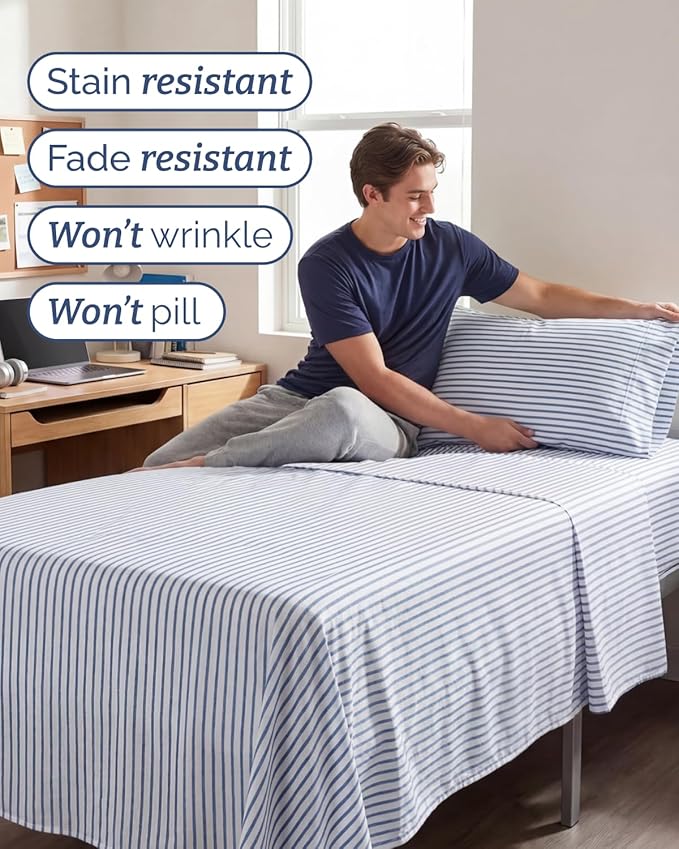 Twin XL 4 Piece Sheet Set - Comfy, Breathable & Cooling - Soft Hotel Luxury Bedding for Women, Men, Kids, Teens & Children - 1 Flat & 1 Fitted Sheet & 2 Pillowcases w/ Deep Pockets - Blue Stripes 2