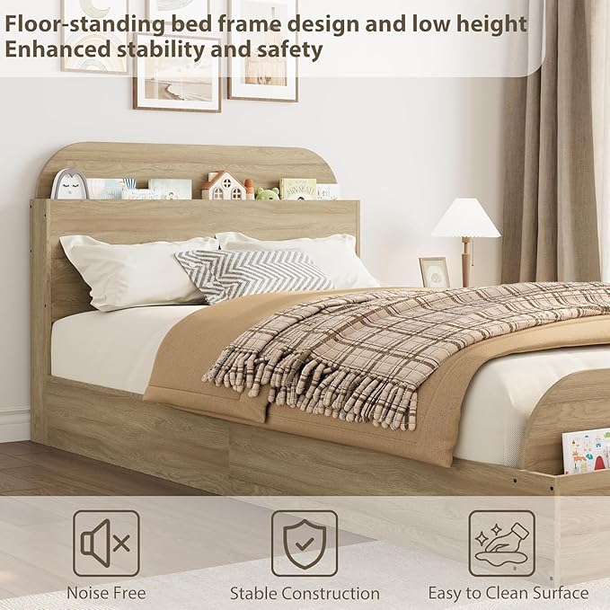 Garvee Twin XL Size Bed Frame with Storage Headboard and Raised Footboard – Wooden Twin-Floor Low Platform Bed for Kids, Heavy Duty & Noise Free, No Box Spring Needed, Natural Wood