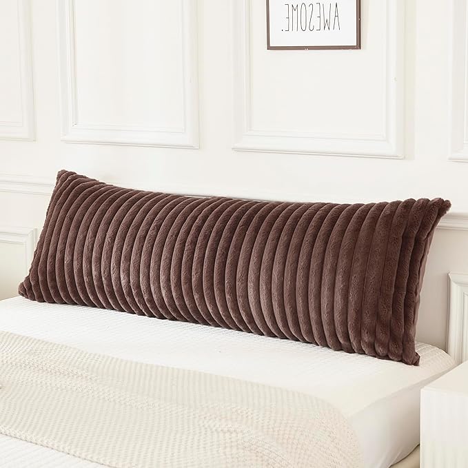 JAUXIO Faux Fur Fluffy Body Pillow Cover Luxury Textured Vertical Stripe Plush Decorative Body Pillowcase, Ultra Soft and Cozy Zipper Closure 21 x 54 Inches, Brown