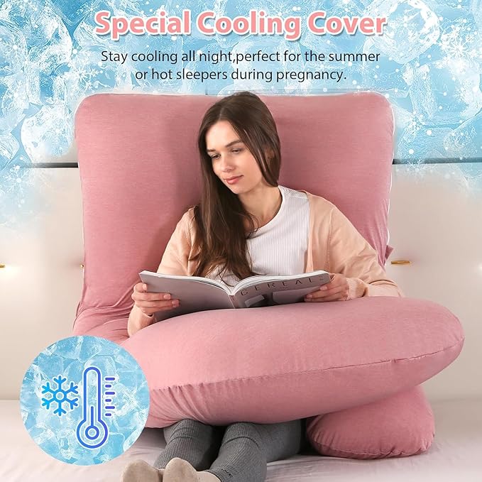 Elover Cooling Pregnancy Pillows for Sleeping,U Shaped Full Body Pillow with Removable Cover,Pregnant Women Must Haves,Maternity Essential,Cooling Pink